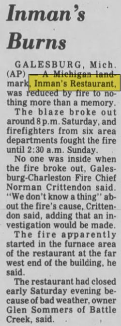 Inmans Restaurant - Jan 1982 Fire Destroys Restaurant (newer photo)